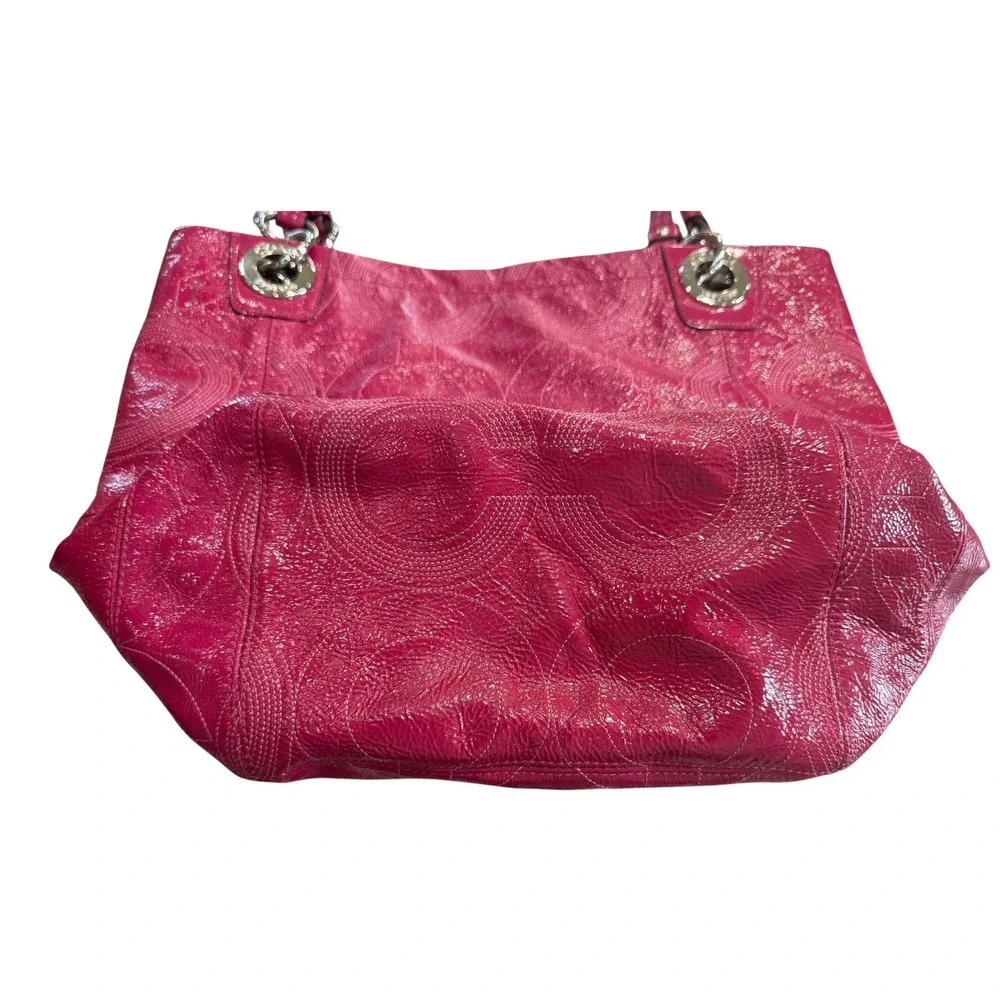 Coach Signature Purse Tote Hot Pink Patent Leather Shoulder Large Hobo Bag